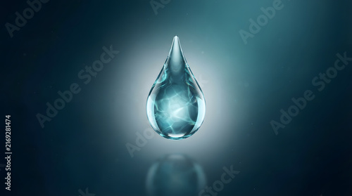 Single transparent water drop suspended in air with blue liquid ripples for pure hydration refreshing drink health concepts.
