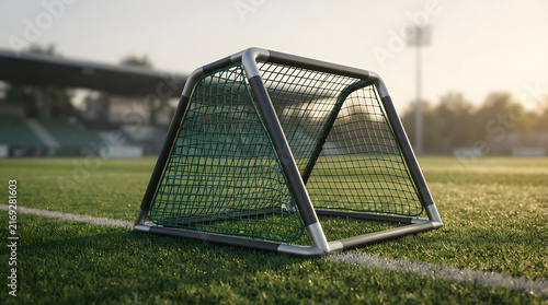 Small portable soccer goal post on green grass field in sunny stadium environment suitable for sports training equipment display.