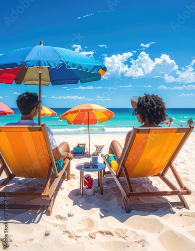 A couple relaxes on beach chairs under umbrellas, enjoying a sunny day by the ocean.