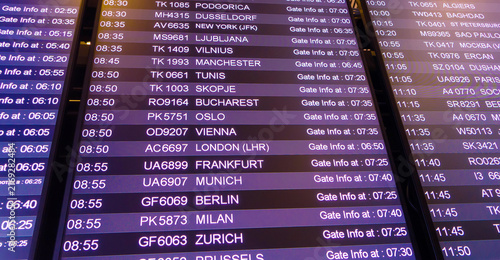 Big display in international airport. Airport departure board