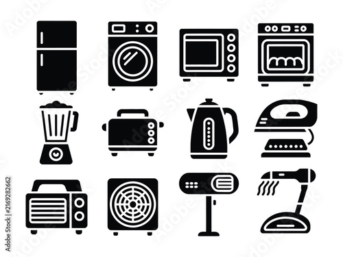 Set of black silhouette icons representing common household and kitchen electric appliances
