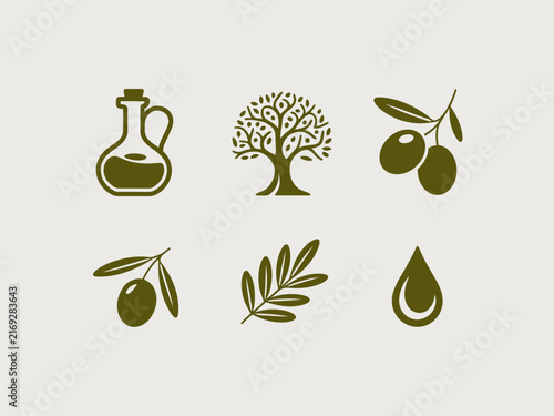 A collection of olive oil featuring a tree, fruit, leaves, a glass bottle, and a liquid drop