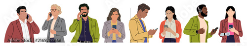 Diverse people engage with mobile phones. Each person shows focused attention or casual use. They stand in a row, facing slightly different directions