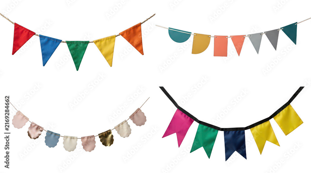 Fototapeta premium Colorful party flags hanging on strings for festive celebrations and decorations transparent background