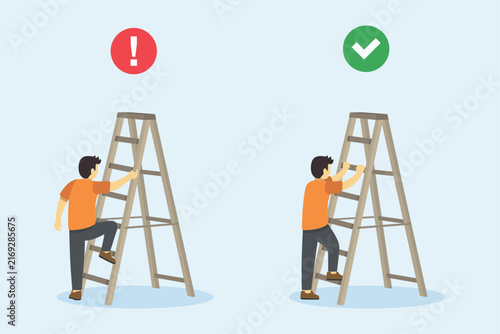 Ladder safety rules: A person demonstrating the three points of contact rule for safe ladder use, showing proper hand and foot placement while climbing a step ladder. Concept for workplace.