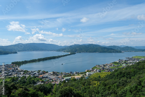 Panoramic aerial view of Amanohashidate sandbar and Aso Sea in Kyoto Japan