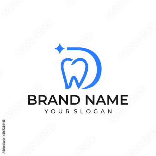 Clean blue dental logo combining a tooth outline and letter D, ideal for dentists, clinics, orthodontics, oral care, and healthcare brands.