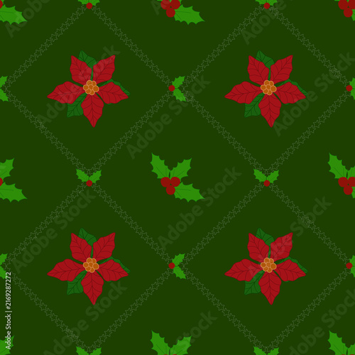 Seamless christmas theme graphic pattern with red poinsettia flowers in star frame and holly leaves with red berries on a dark green background.