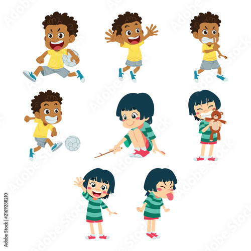 Happy Children Activities and Expressions Cartoon Illustration Set