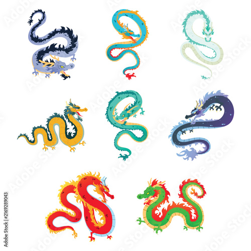 Colorful Chinese Dragon Mythical Creature Illustration Set