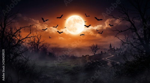 A dark Halloween poster background with a glowing full moon center, subtle fog layers, flying bat silhouettes, and deep orange sky gradient, clean space for text, 8k.