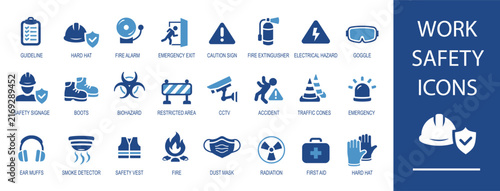 Work safety icon set. Containing hard hat, first aid kit, gas mask, emergency exit, biohazard, cctv, hazard and more. Solid vector icons collection