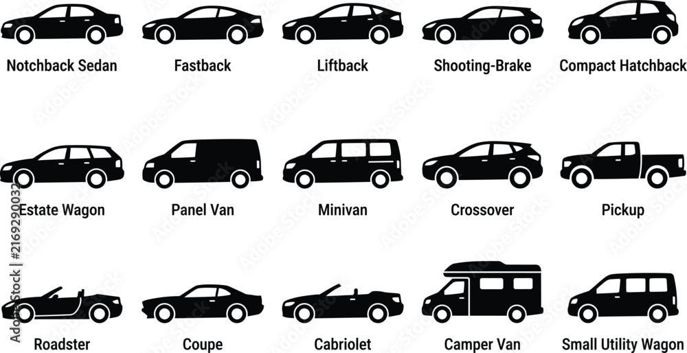 Obraz premium Set of various car body style icons showing different types of vehicles in a simple black silhouette design