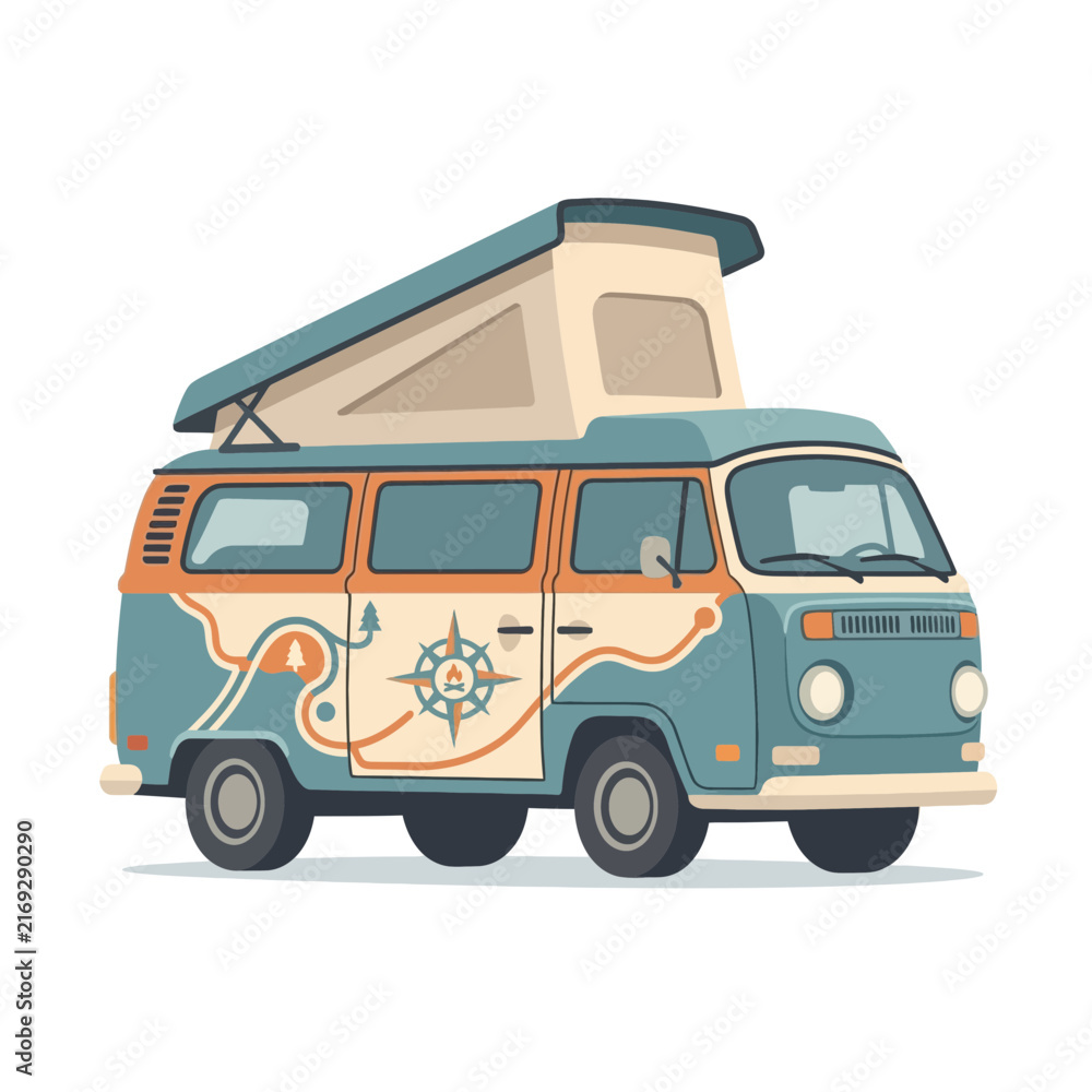 Obraz premium Vintage Camper Van with Adventure Decorations.