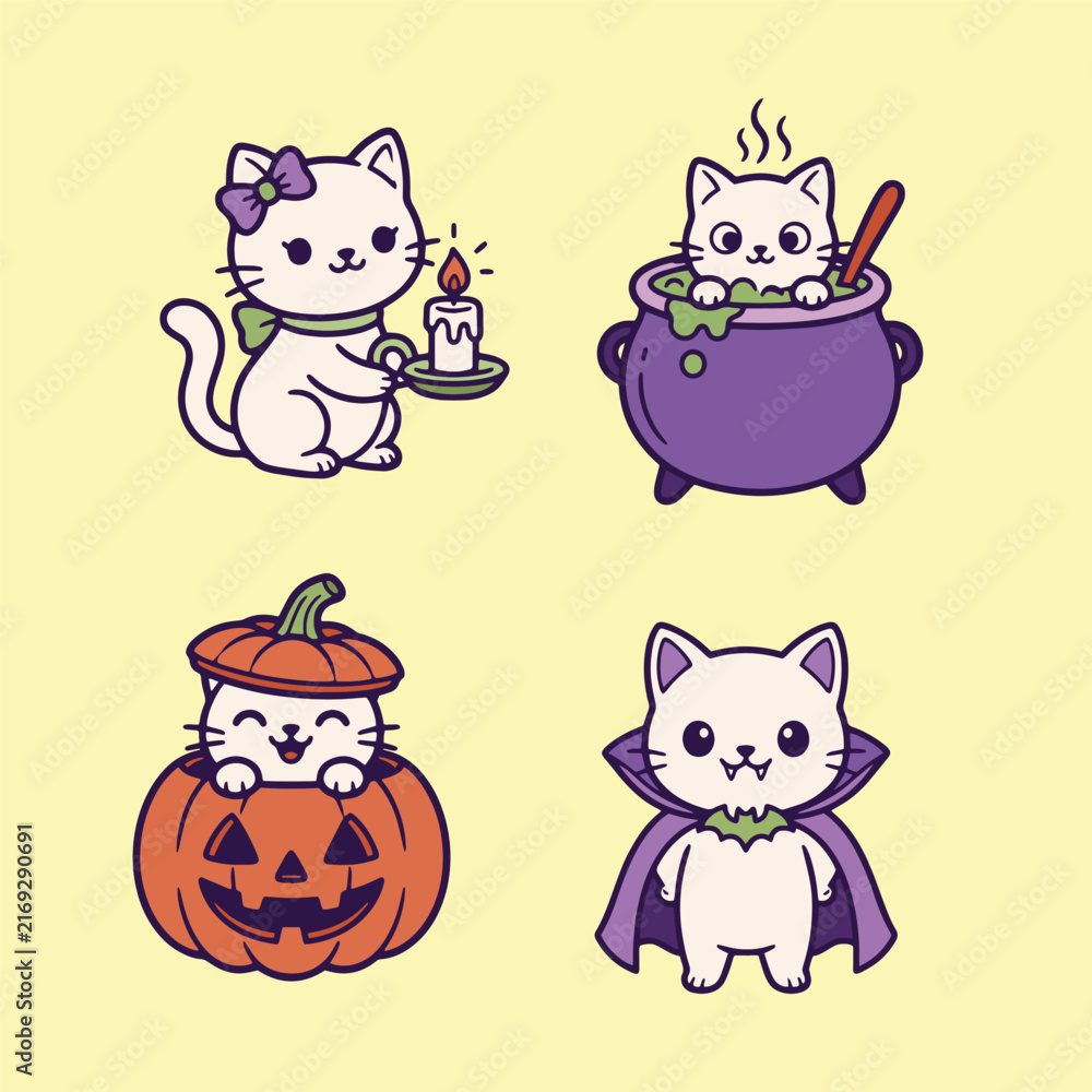 Naklejka premium Four cartoon white cats wearing Halloween costumes for holiday celebration stickers.