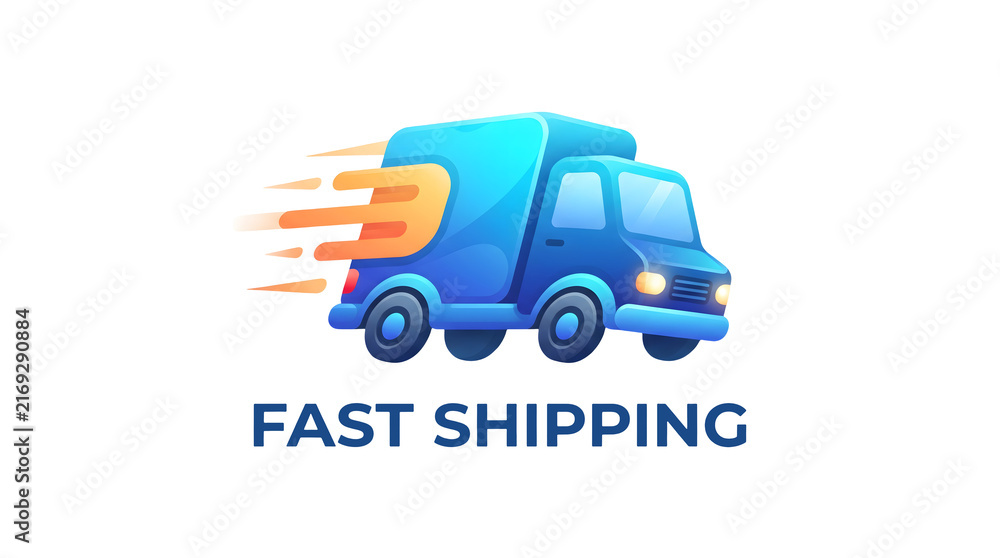 Obraz premium Blue delivery truck speeding with motion trails and Fast Shipping logo illustration