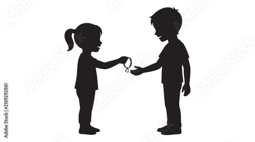 Foto Two children exchanging a beaded necklace black silhouette
