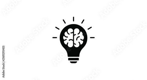 Light bulb containing a brain a flat black icon on white background