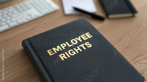 Employee rights book resting on a modern office desk with keyboard and notebook. Useful for HR policy and labor law concepts.