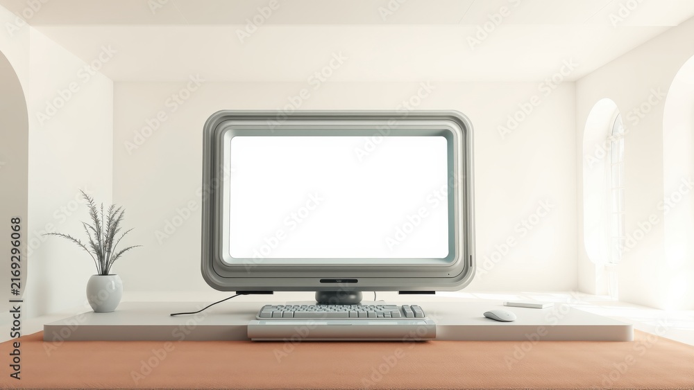 Fototapeta premium Minimalist setup. Computer, keyboard, mouse on platform. Light walls, arched windows create calm space. Simple plant adds touch.