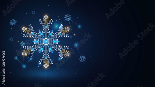 Futuristic digital snowflake design with circuit board patterns and glowing elements on a dark tech