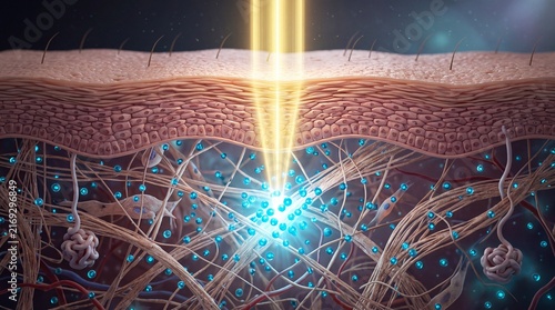 Laser light penetration skin tissue cellular interaction collagen fiber stimulation blue particles scientific illustration medical research dermatology regeneration closeup detailed