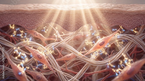 Collagen fiber peptide molecule fibroblast cell glowing skin anti aging elasticity skin layer connective tissue biology science health beauty. Collagen fiber and peptide molecule interaction skin