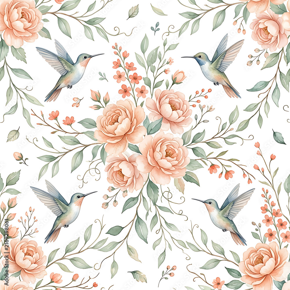 Obraz premium Watercolor seamless pattern with hummingbirds and peach roses with green foliage on white background