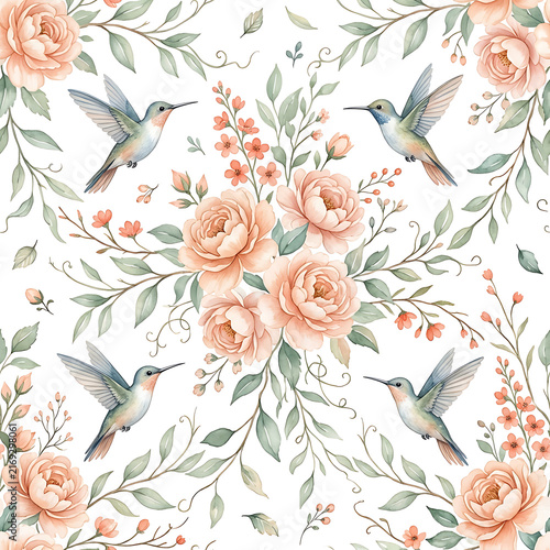Watercolor seamless pattern with hummingbirds and peach roses with green foliage on white background