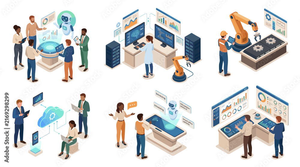 Fototapeta premium Isometric VR training and industrial automation technology icons.