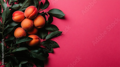 Fresh ripe apricots nestled among vibrant green leaves against a pink backdrop