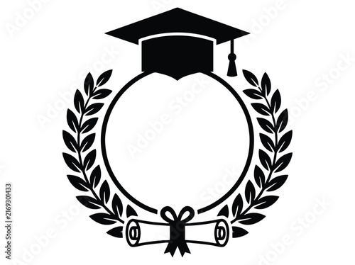 Graduation cap and diploma wreath icon set, black vector logo design for school, university, education and academic achievement branding