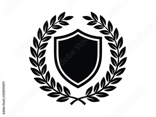Shield with laurel wreath emblem. Classic security and protection icon. Vintage badge with leaf crown design. Vector logo for law, police, heritage, or award branding