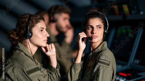 Two women in military uniforms wearing headsets and looking intently at a screen, working in a control room