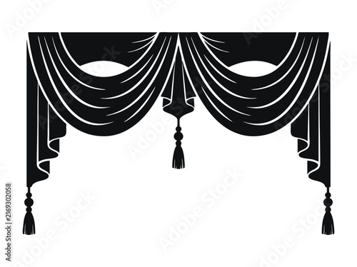 Elegant black silhouette curtains with tassels. Three varieties of drapery hangs. Classic interior decoration vector elements. Swag, curtain, fabric, textile, decoration, illustration