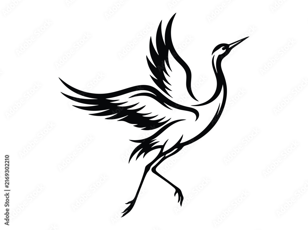 Naklejka premium Stylized flying crane bird vector illustration, minimalist monochrome graphic design element, traditional art motif for logo