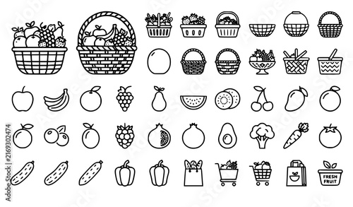 Assorted fresh fruit basket healthy food minimalist black line vector icon set