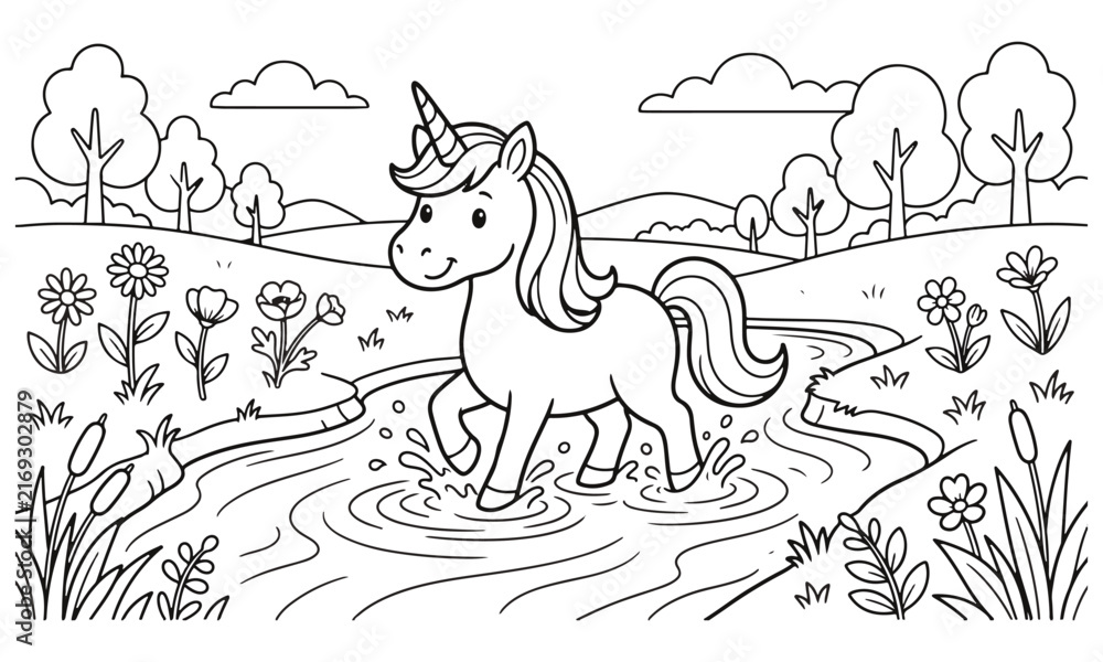 Fototapeta premium Charming unicorn stands in a meadow surrounded by trees and flowers illustration