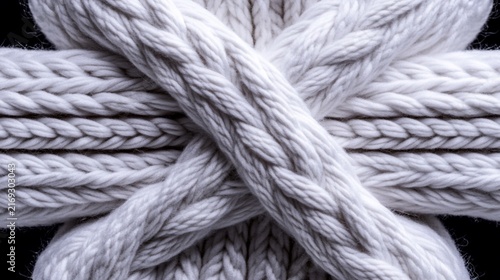 Macro shot of thick, white ropes interlaced against a black background, creating a star-like pattern