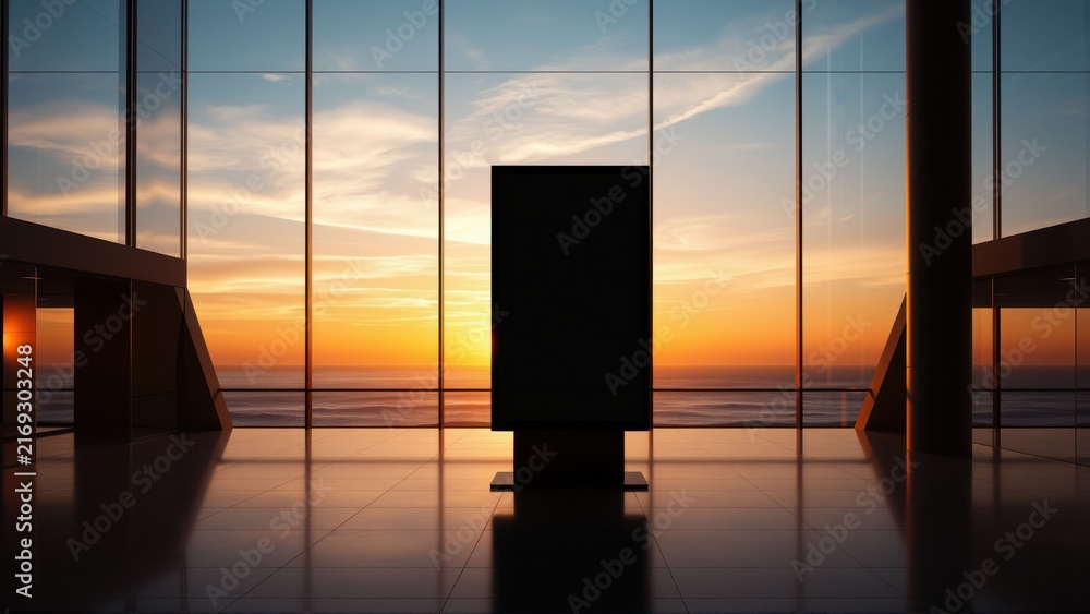 Fototapeta premium Minimalist interior features large windows, sunset view. Dark room contrasts bright sky, creating dramatic effect. Modern design.