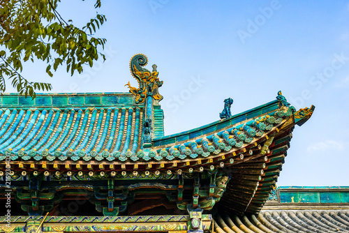 Traditional Chinese Temple Roof with Glazed Tiles in Shanxi Province