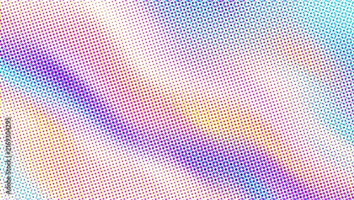 Holographic halftone background with iridescent pastel waves. Retro pop art gradient texture. Vibrant dotted mesh pattern for modern design. Vibrant halftone gradient background