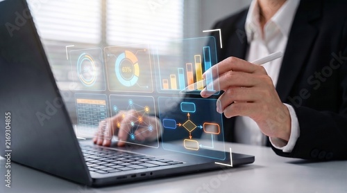 фотографія business professional using laptop with digital analytics dashboard overlay to track performance metrics, visualize growth charts, and manage workflow productivity in modern office