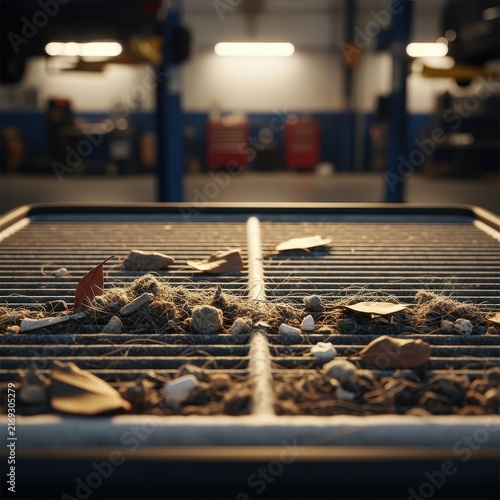 Plakat w ramie Dusty Workbench With Leaves and Debris in an Industrial Garage