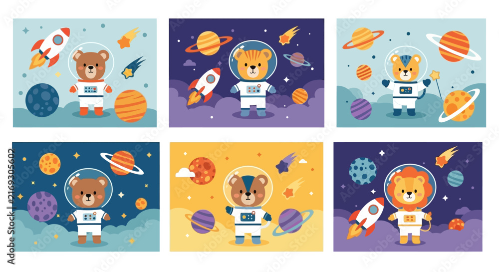 Fototapeta premium Set of vibrant flat vector illustrations with modern design elements, colorful minimalist icons, and graphic characters for web UI and digital creative projects.