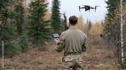 A soldier in camouflage uniform operating a drone with a remote control in a forest. The drone is flying in the air above the trees