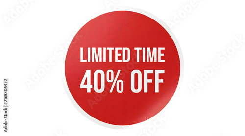 Red Circular Discount Sale Sticker Icon With Limited Time 40 Percent Off White Text on Transparent Background