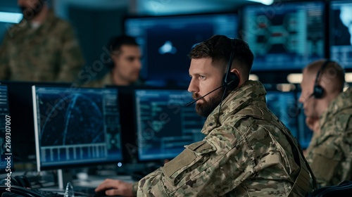 A man in military uniform wearing a headset, looking intently at multiple computer screens displaying data and radar graphics. He is in a control room with other soldiers in the background.