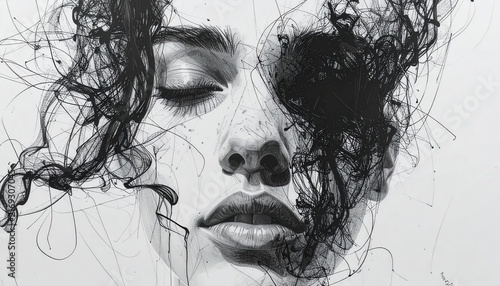 Moody conceptual artwork presenting a human face caught between order and chaos with fluid ink lines and calligraphic webs