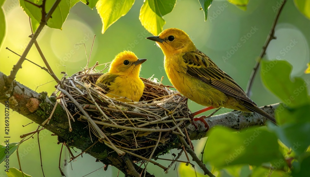 Fototapeta premium Robin Bird Nesting on a Tree Branch in Natural Spring Habitat with Soft Green Foliage and Peaceful Wildlife Atmosphere